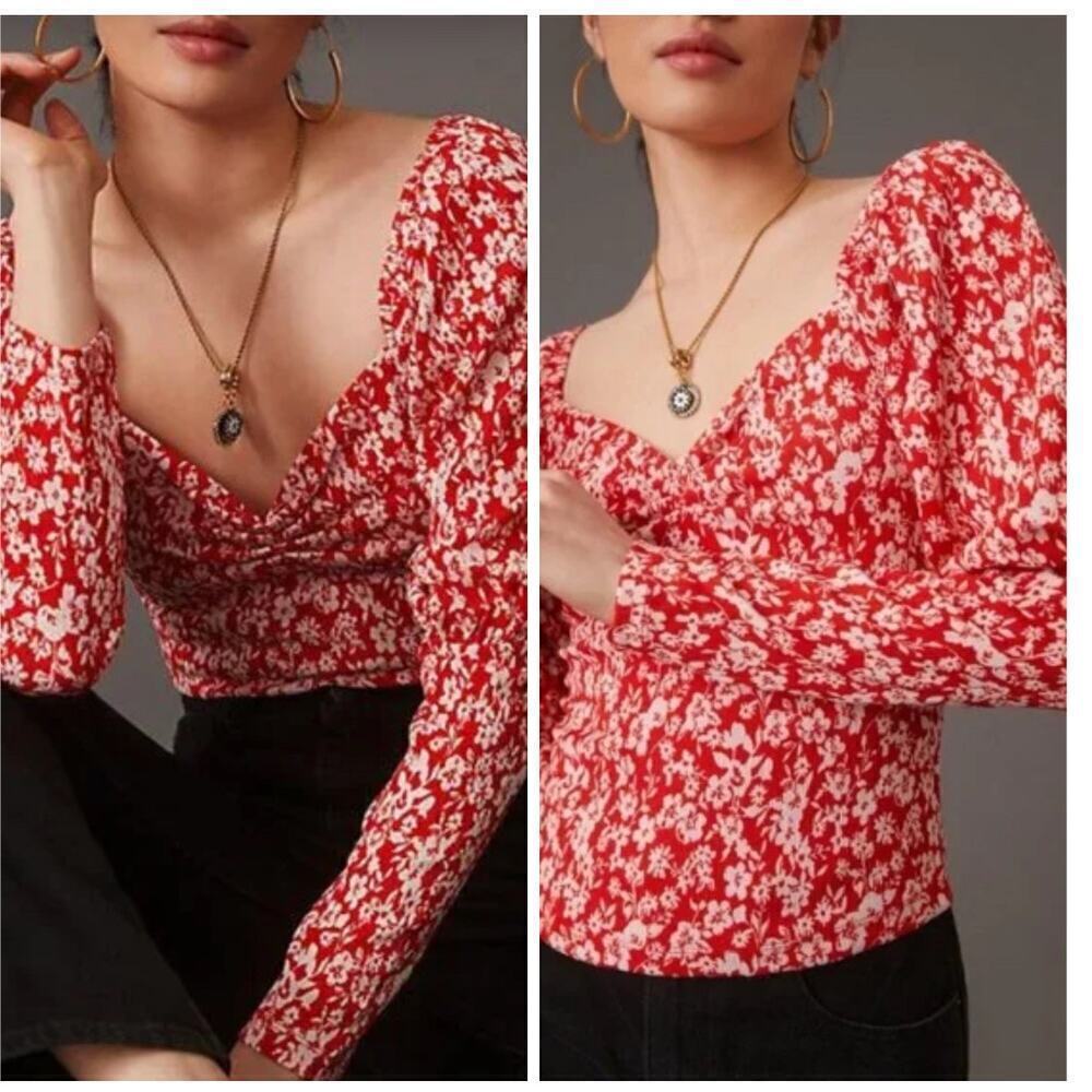 Anthropologie Carmine Red Cropped Juliet Blouse Women's Size Large